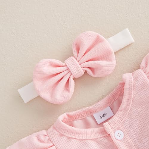 Baby Girls Rompers Dress Bowknot Print Puffy Ruffles Jumpsuits Bodysuits Infant Toddler 2PCS Clothes Set with Headband3