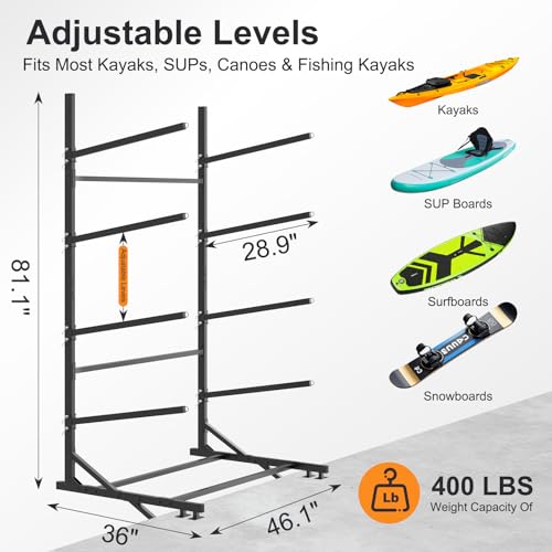 LILYPELLE Dock Mount Kayak Storage Rack, 4-Tier Heavy Duty Kayak Rack 400lbs Capacity, Kayak Holder for Dock, Outdoor Storage, Adjustable Kayak Dock Rack for Kayak, SUP, Canoe, Paddle Board