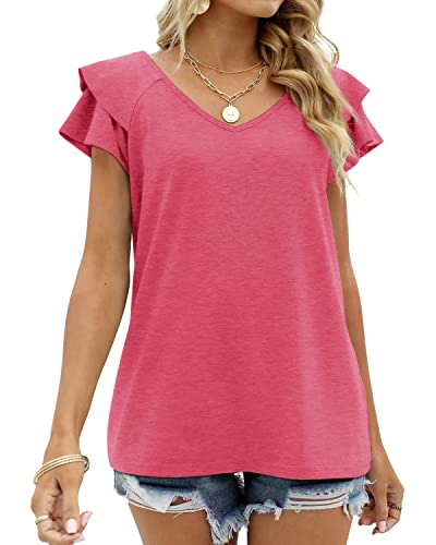 Fescoo Summer Tops Womens 2023 Tunic T Shirts Knit V-Neck Casual Short Sleeve Blouse Casual Tee（Red-Large ） #TOP2