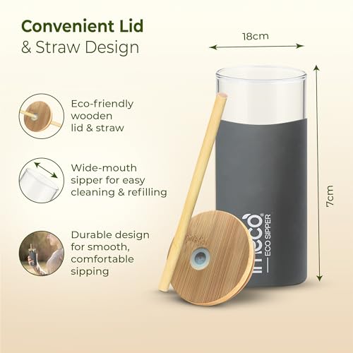 Image of IMECO ECO Sipper Glass Bottle with Bamboo Lid & Straw 450ml | Borosilicate Glass Tumbler | Leakproof & BPA-Free | Reusable, Non-Toxic & Lightweight | Ideal for Milk, Coffee & Tea - Grey