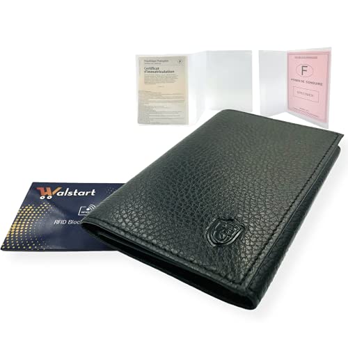 Porte Papier Voiture Cuir avec 2 Etuis Proteges Carte Grise et Permis - Porte Document Véhicule avec Rangement Assurance et vignettes -Bonus : Pochette Blocage RFID WalStart (Noir) Cover