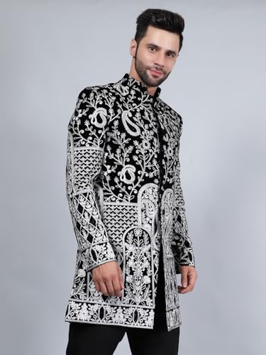 Image of WINTAGE Embroidered Velvet Black Bandhgala