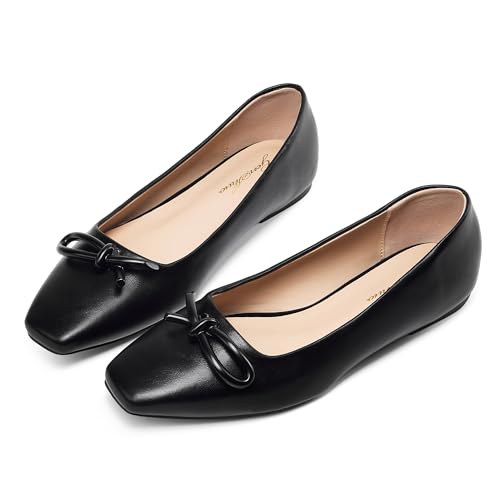 GENSHUO Women’s Square Toe Flats Metal Bow Slip On Ballet Flats Comfort Low Heel Shoes Classic and Chic3