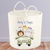 Personalised Safari Animals in a Car Toy Storage Basket Large 50l |Tub |Trug | Toy Box | Laundry Hamper |Kids Toy Organisation