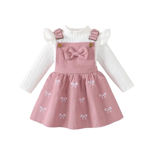 UUAISSO Ropa Para Bebé Niña Pequeña Tops de Punto Acanalados Manga Larga Falda con Tirantes de Pana y lazo Conjuntos Vestido rosa 2 3 años