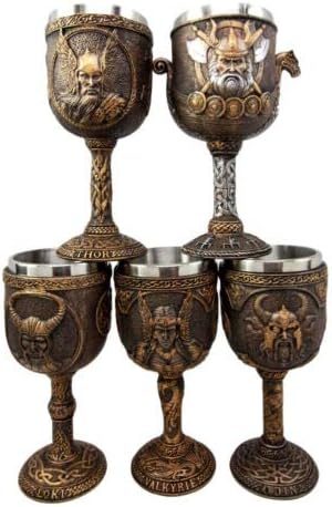Ebros Gift Mitología nórdica Dioses vikingos y diosa Odin Loki Thor Valkyrie y Valhalla Battle Longship 7oz cáliz de vino de resina con copa de