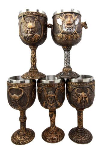 Ebros Gift Norse Mythology Viking Gods And Goddess Odin Loki Thor Valkyrie And Valhalla Battle Longship 7oz Resin Wine Goblet Chalice Set of 5 With Stainless Steel Liner Cup