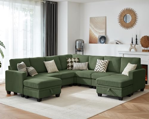 Image of CHIC HOUSE Modular Corner Sectional Sofa with Storage Ottoman, Corduroy L-Shaped Couch, Compact Small Space Furniture for Living Room & Apartment, (Green, 9 Seater L-Shaped)