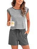 Marvmys Schlafanzug Damen Kurz Baumwolle Gestreifte Sommer Zweiteiliger Pyjama Set Kurzärmelige Rundhals Kurzarm Shorts mit Bündchen Sleepwear Loungewear S XXL