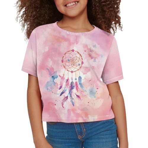 Image of Girls Crop Tops Cute Short Sleeve Shirts Fashion Tees for Kids Casual Crewneck Blouses Size 8-16 Years