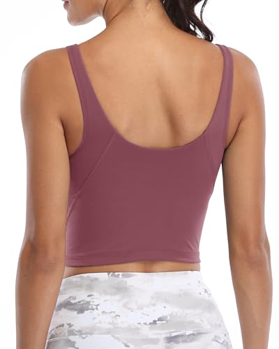 Image of Oalka Sports Bra Womens Longline Padded Crop Yoga Tank Tops | Built in Bras, Workout, Athletic, Fitness, Super Soft, Comfort, Cropped Top, Removable Pads, Heart Neckline For Women