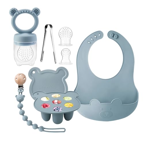 Image of LittlesJoy Silicone Baby Fruit Feeder Set with Mini Freedzer Nibble Tray, Breastmilk Popsicle Mold with Baby Bib and Pacifier Clip, BPA Free Teether for Safe Infant Self Feeding, 4 Month+(Ether)
