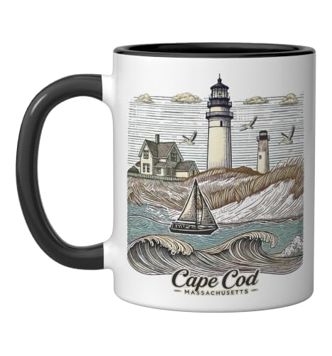 Vintage Cape Cod Massachusetts Nautical Lighthouse Seashore Ceramic Mug, Black/White by Vintage Cape Cod MA Nautical Seashore Art Gifts - Used condition - US$14.85