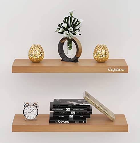 Image of Captiver Wooden Wall Mounted Display Shelf 2 Tier (12x30 CM,) Living Room Kitchen Storage Bedroom Showpiece Racks Study Designer Organiser (Beech)