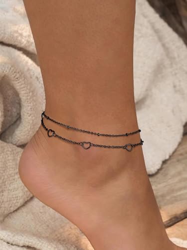 Image of FindChic Black /Silver /Gold Plated Anklets Set of 2PCS /3PCS Herringbone Chain Cuban Link Heart Charm Sparkling Tennis Ankle Bracelets, Waterproof Summer Foot Jewelry for Beach