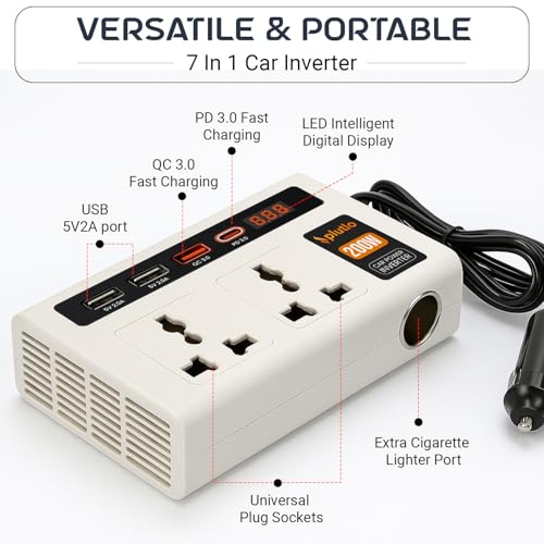 Image of 200W Car Power Inverter, Car Laptop Charger with 2 AC Outlets (220V), 3 USB-A & 1 USB-C PD 18W Fast Charging Ports, 12V DC to 220V AC Adapter for Laptops, Phones & Tablets - White Body