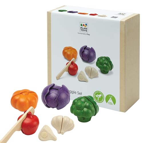 Image of PlanToys 5 Wooden, Colorful Vegetable (Veggie) Food Playset (3431) | Sustainably Made from Rubberwood and Non-Toxic Paints and Dyes.