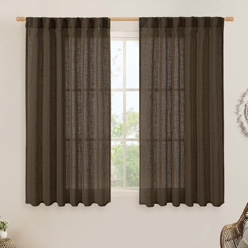 LAMIT Semi Sheer Linen Curtains 45 Inches Long, Light Filtering Panels Back Tab and Rod Pocket Neutral Drapes for Kitchen/Window/Bedroom, Dark Brown, 2 Panels, 52 x 45 Inch
