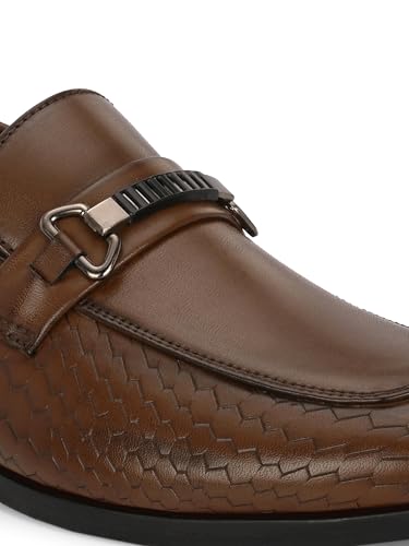 Image of San Frissco Men's Loafers Brown Textured Handcrafted Formal Horsebit Shoes /Slip-on Shoe for Office, Wedding & Parties /Easy to Match Moccasins with Stylish Lightweight and Comfortable