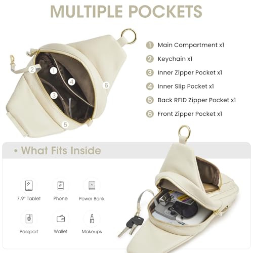 Image of Kattee Small Leather Sling Bag for Women with RFID Blocking,Beige | Top grain pebbled leather with RFID blocking, multiple pockets, and a convertible strap for travel.