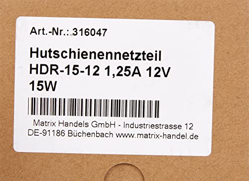 Hutschienen-Netzteil, 15 W, 12 V, 1,25 A; MeanWell HDR-15-12; DIN-Schienen-Transformator.
