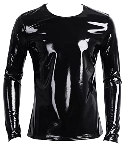 Image of AIEOE Men's Leather Metallic Shirts Shiny Slim Fit Stretch Top Wetlook Club Party Undershirts