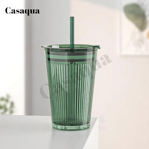 Image of Premium Ribbed Drinking Glass Tumbler with Lid & Straw - 450ml, Set of 1, Reusable Green Minimalist Mug for Iced Coffee, Juice, Smoothies & Cold Beverages, Leak-Resistant Travel Cup