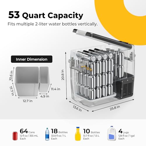 BougeRV 12V Portable Refrigerator Fridge Freezer Portable Car Fridge 53 Quart Electric Cooler12V/24V DC 110~240 V AC for RV Truck Jeep Pickup SUV Van Boat Camping Tailgating Road Trip Outdoor Travel