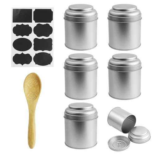 Lot de 6 bocaux à thé en vrac avec double couvercles hermétiques, boîte en étain ronde de 50 g, petits récipients de cuisine pour stocker le thé, le...