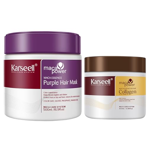 Karseell Mascarilla Pelo Violeta 500ml y Colágeno Mascarilla Pelo 100ml, Anti Amarillo para Cabello Rubio, Platino y Gris, Nutrición y Brillo