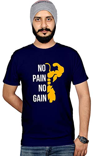 Image of Workshop Graphic Printed T-Shirt for Men & Women | Motivational Quote T-Shirts No Pain No Gain | Hindi Slogan Gym Yoga Tshirts | Round Neck Tees | 100% Cotton T Shirts | Half Sleeve Tshirt Dark Blue