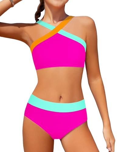 Image of Girls Swimsuits 2 Piece Bikinis Set Colorblock Bathing Suits Criss Cross Strap Girls' Swimwear