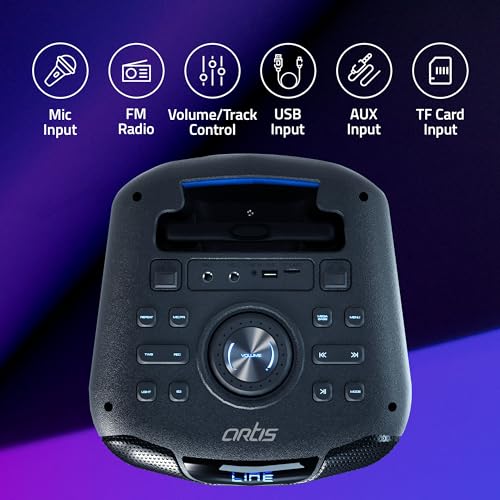 Image of Artis BT600 Wireless Bluetooth Trolley Speaker with 7 Colours LED Lights, 2 Wireless Mic, Remote Control, FM Radio & Aux in /USB /TF Card Reader Input (80W RMS Output)