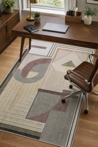 Image of CASA-NEST Modern Abstract Velvet Rug (4x6 ft), Anti-Slip Backing, Contemporary Multi-Shape Decorative Carpet for Living Room & Office - Earth Tone Cubist Geometric