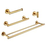 Hoooh 4-Piece Bathroom Accessories Set Stainless Steel Wall Mount Brushed Gold - Includes Double Towel Bar, Hand Towel Rack, Toilet Paper Holder, Robe Hooks, BS100S4-BG