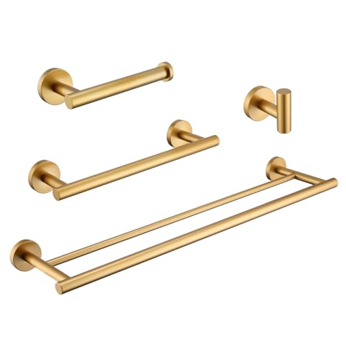 Hoooh 4-Piece Bathroom Accessories Set Stainless Steel Wall Mount Gold - Includes Double Towel Bar, Hand Towel Rack, Toilet Paper Holder, Robe Hooks, BS100S4-BG
