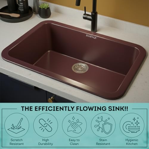 Image of BASINQU Quartz Sink for Kitchen | 24x18x9 Inches Brown Single Bowl Sink For Kitchen Basin Round Corner Kitchen Sink | Granite UV Protected Scratch Resistant, Undermount /Topmount Kitchen Sinks
