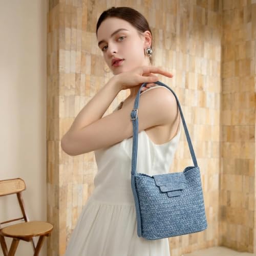 Image of JINMANXUE Woven Tote Bag For Women,Travel Shoulder Bag, Large Hollow Beach Soft Satin Handbags Hand-woven Satchel Clutch