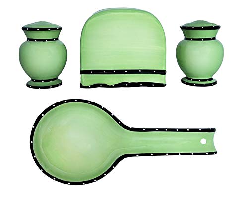ACK Tuscany Hand Painted Ruffle 4pc Stove Top Set, Napkin, Salt, Pepper and Spoon Rest, Your Choice of Color (Green)