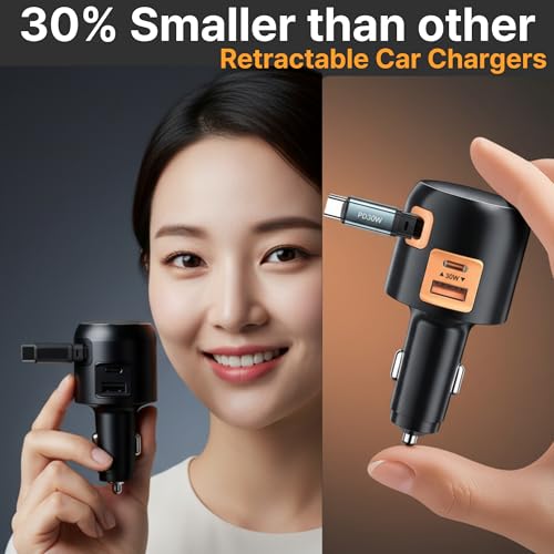 Image of 60W Retractable Car Charger, 3-Port USB-C Car Charger Adapter with Built-in Retractable Cable, Fast Charging Cigarette Lighter Adapter for iPhone 16 /15, Galaxy S25 /S24, Pixel, iPad(Black)