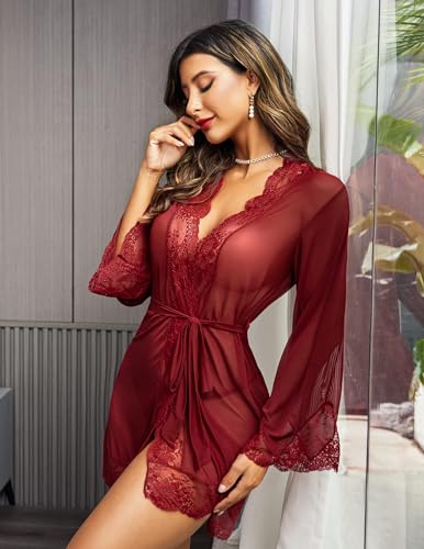 Image of SSoShHub Women Lace Kimono Robe Babydoll Lingerie Mesh Chemise Nightgown Cover Up Robe with Panty