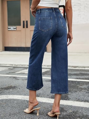 Genleck Women's Wide Leg Jeans – Cropped High Waisted Petite Trendy Jeans Button Stretchy Capri Baggy Loose Fit Denim Pants4