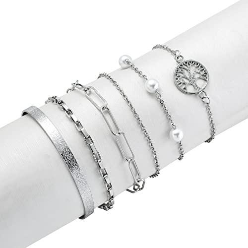 Image of 14K Gold and Silver Plated Layered Bracelet Sets, 6 Pieces, Adjustable Layered Link Bracelets Sets, Stainless Steel, no gemstone