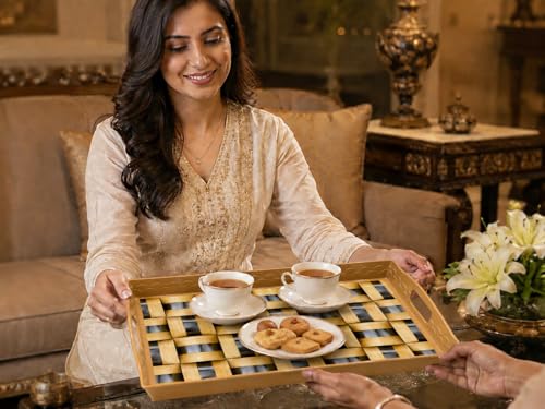 Image of KITCHIVO 3 Pcs Plastic Serving Tray Set with Handle | Multipurpose Tea Snacks Breakfast Tray | Floral Printed Rectangular Serving Trays for Kitchen & Home (Honey Weave)