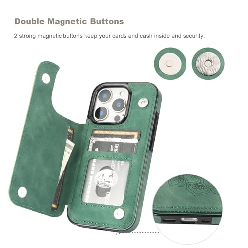 Vaburs Compatible with iPhone 16 Pro Case Wallet with Card Holder, Embossed Mandala Pattern Flower PU Leather Double Buttons Flip Shockproof Cover for Magnetic Car Mount 6.3 Inch (Dark Green) by Vaburs - Used condition - Image 7