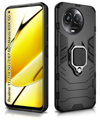 Image of WOW IMAGINE Shock Proof Back Case Mobile Cover for Realme Narzo 60X 5G | 11 5G | 11X 5G | C67 5G | Back Cover Case (Tough Armor | Hybrid PC + TPU | Ring Holder & in-Built Kickstand | Black)