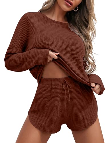 Ekouaer Womens Waffle Knit Pajama Sets Long Sleeve Top and Shorts Matching Lounge Set Loungewear Sweatsuit with Pockets