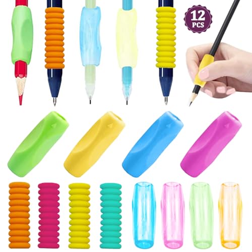 Devenirriche 12 Pack Multicolor Pencil Grips Childrens Silicone Finger Grips Holder Foam Pen Holder Non Slip Pen Gripper Writing Pencil Training Grip for Toddlers Students and Adult
