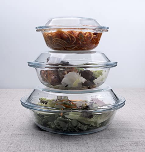 Set Of 3 Round Glass Casserole Dishes, Nesting Glass Baking Dish With Lid, Heat, Cold And Shock Proof, Oven, Freezer And Dishwasher Safe (Set Of 3-0.5L+1L+1.8L) #TOP4