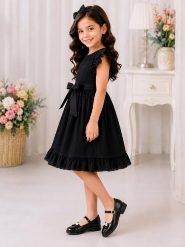 Image of Girls Dress Flutter Sleeve Round Neck Crinkle Pleated Fit & Flare Frock Satin Waist Bow Ruffle Hem Knee Length Birthday Party (2-14Y)